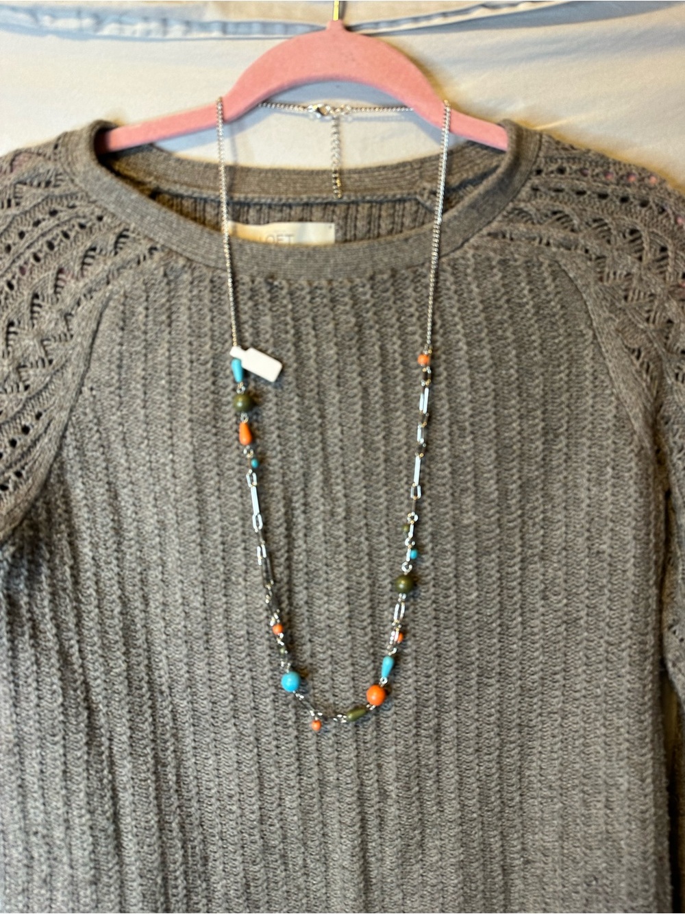 LOFT Gray Sweater with Turquoise and Orange Bead Necklace